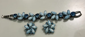 Vtg JULIANA 7.5” Blue Striped Milk Glass Rhinestone Bracelet Earrings D&E Set - Picture 1 of 19