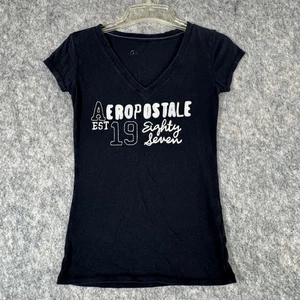 Aeropostale V Neck T Shirt Embroidered Graphic Y2K Sz S Faded Black Est.1987 - Picture 1 of 7