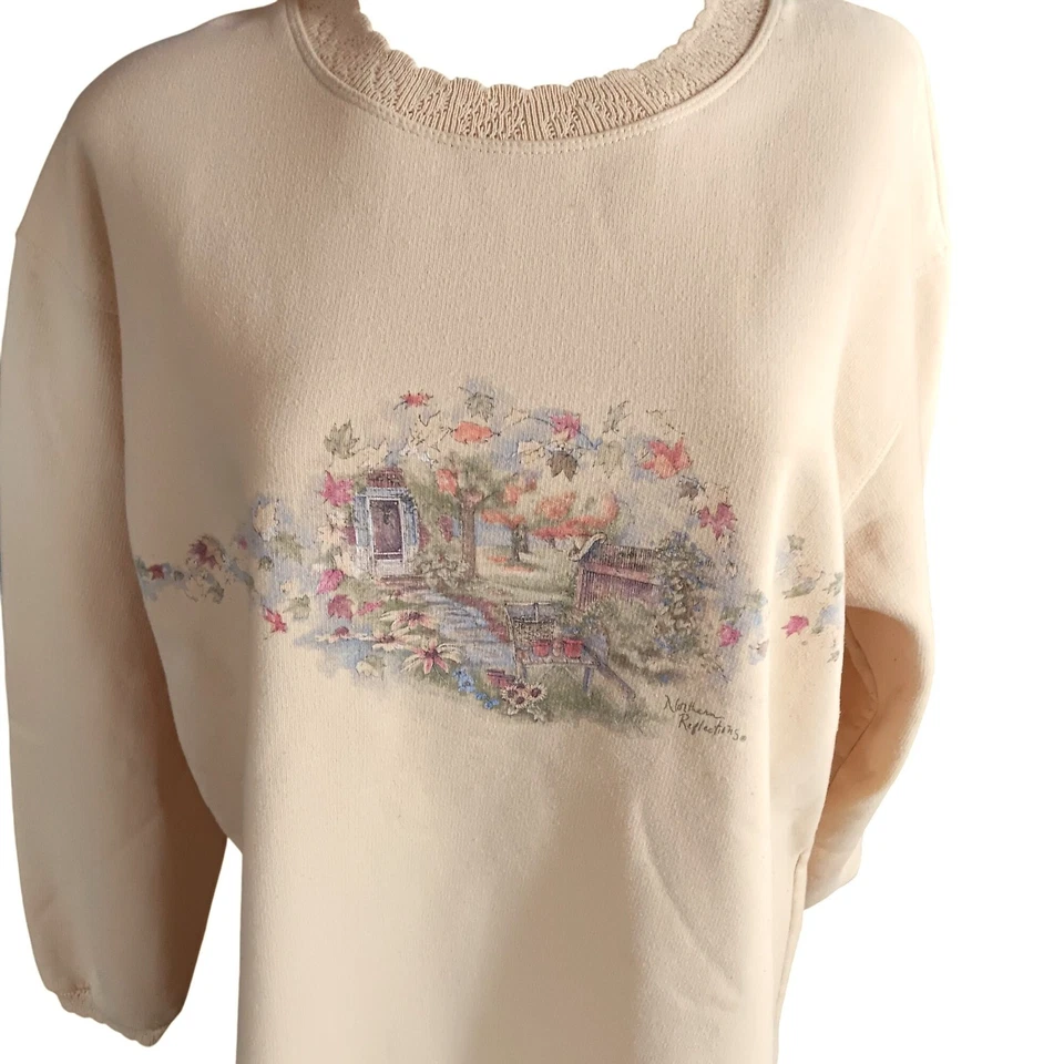 Sudadera vintage para mujer grande Cottagecore floral escena de cabaña ribete de encaje años 90 Foto 1 de 4