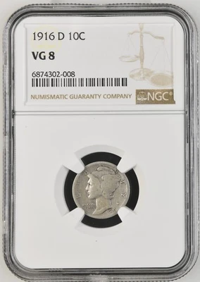 1916 D Mercury Dime NGC VG8 Key Date Graded Certified Silver Very Good - Image 1 of 2
