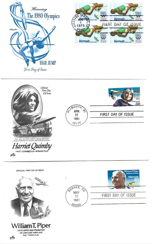 USA Covers 3 for 1: FDC Airmail - Piper, Harriet Quimby, & High Jump Olympics - Image 1 of 1
