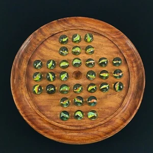 Chinese Checkers Wooden Board Game Cats Eye Green and Orange Marbles Vintage - Picture 1 of 15