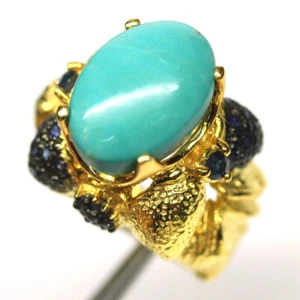925 Silver 12 x 17 mm. Blue Turquoise & Sapphire Two Tone Jewelry Ring Size 7 - Picture 1 of 4