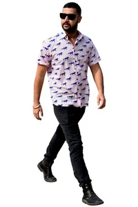Indian Blue Wedding Dress L Size Hand Block Cotton Floral Shirt Men's Shirts US - Picture 1 of 7