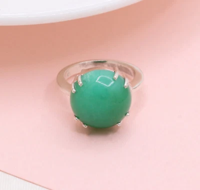 925 Argento Sterling Solitario Rotondo Naturale Verde Onyx Fede Nuziale Misura 7 - Immagine 1 di 4