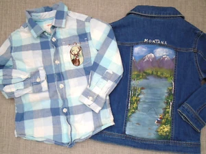Kid's Jean Jacket Hand Painted and Button Up Shirt Montana 4 year old - Picture 1 of 17