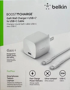 Belkin 30W GaN Chargeur Mural Câble USB-C vers USB-C pour iPhone 15 Plus 16 Pro Max - Photo 1 sur 1