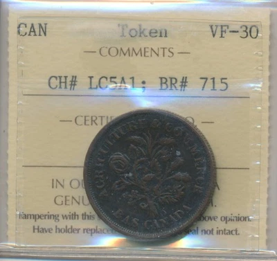Lower Canada Bouquet Sou Token LC5A1 Breton 715 - ICCS VF-30 - Image 1 of 3