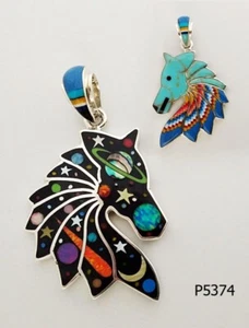 Reversible Turquoise Multicolor Paua Opal Galaxy Inlay .925 Silver Horse Pendant - Picture 1 of 4