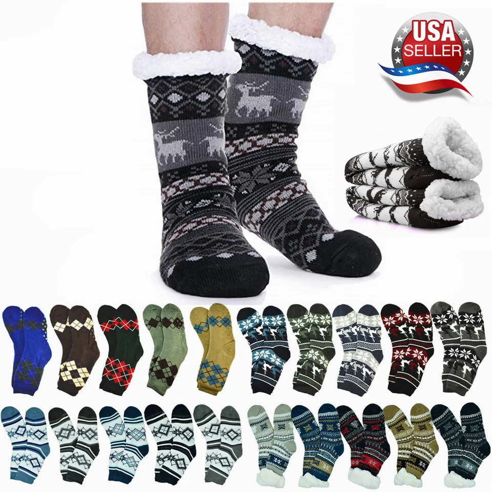 Mens Winter Sherpa Fleece Lined Cozy Fuzzy Warm Thermal Non-Skid Slipper Socks - Image 1 of 4
