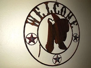 24" WELCOME COWBOY COWGIRL HATS BOOTS STARS METAL WALL WESTERN HOME DECOR RUSTY - Picture 1 of 12