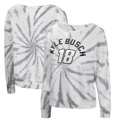 Women's Touch White/Gray Kyle Busch Equalizer Tie-Dye Boat Neck Sweatshirt Cover