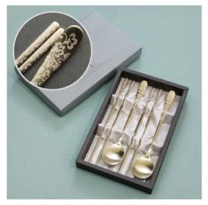 Korean Spoon Chopsticks Set Stainless Steel Gold  Metal Sujeo Ivy - Picture 1 of 4