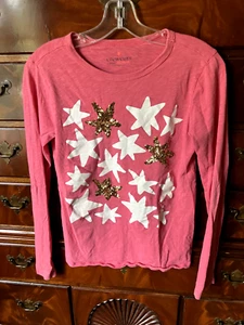 Girls  J Crew CrewCuts Size (L) 14-16 Pink w/ sequin stars long sleeves  - Picture 1 of 6