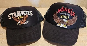 Vintage 2000 and 2001 Sturgis Trucker Snap Back Hat Cap Black Nissin Rope  Mesh - Picture 1 of 20
