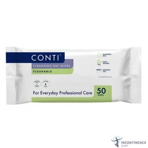 1x Conti Flushable Everyday Cleansing Dry Wipes - 24cm x 22cm - 50 Pack - Picture 1 of 3