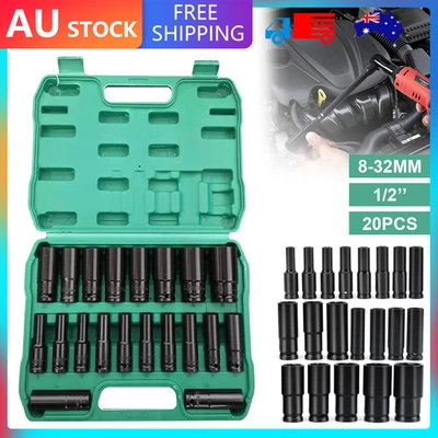 20PCS 1/2" Drive Deep Impact Socket Set CR-V Steel Metric Sockets Long 8-32MM AU - image 1 of 4