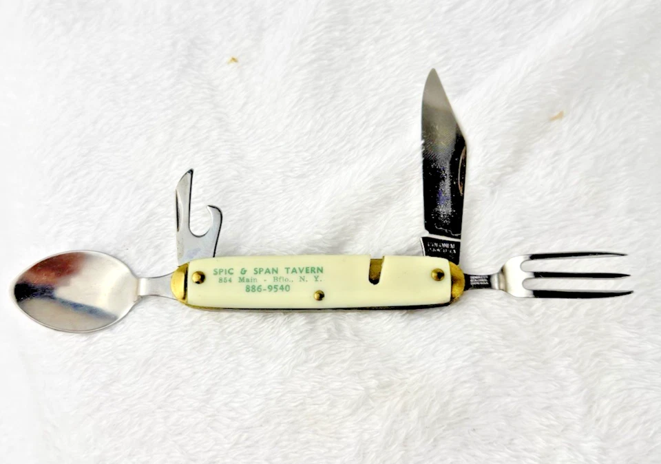 Cuchillo de Camping Hobo Vintage Colonial Prov EE. UU. Spic & Span Tavern Buffalo NY Promo Foto 1 de 4