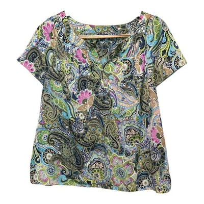Talbots Artsy Plus Size 16W Top Paisley Manga Curta Eclética Colorida Madura - Imagem 1 de 4