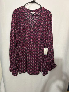 Terra & Sky Blouse Geometric Size 4X Pullover Colorful Top Pleats Office Career - Picture 1 of 4