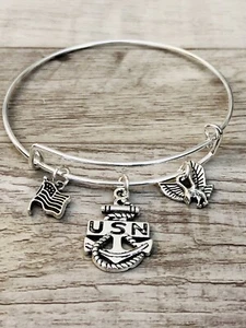 U.S NAVY Military Anchor Silver charms Expandable Bangle Bracelet - Picture 1 of 10