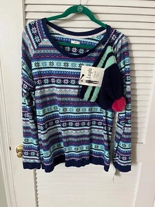 Layla Size XLarge Navy Mixed-Print Knit Pajama LS Top with Hat - Picture 1 of 3