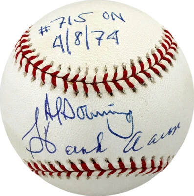 Hank Aaron & Al Downing Autographed NL Baseball Inscribed 715th HR 4/8/74 PSA - Image 1 of 2