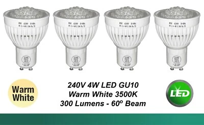 4 x 4W 240V GU10 Wide Beam LED Downlight Globes Bulbs Warm White - 300Lm - 60D - Image 1 of 4