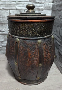 Large 15.5" Ornate Wood & Embossed Metal Lidded Jar Barrel Box Urn Museum Decor - Picture 1 of 12