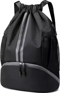 Sports Drawstring Backpack - String Swim Gym Bag with Shoes Compartment and Wet - Picture 1 of 12