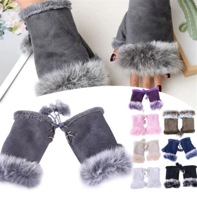 Women Fingerless Gloves Winter Warmer Faux Fur Mittens Soft Lined Thermal Mitten - Image 1 of 4