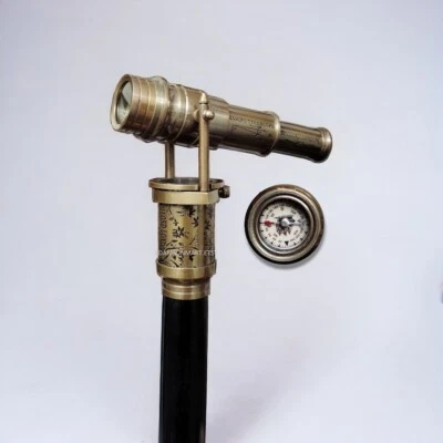 Antica bussola ottone testa telescopio vintage legno elegante bastone da pass... - Immagine 1 di 4