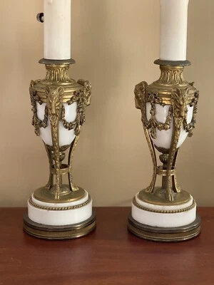 Antique Pair French Figural Bronze Onyx Marble Lamp Pair - Image 1 of 4