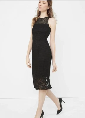 Vestido Feminino White House Black Market Tamanho 2 Preto Bainha de Renda Midi Fenda Traseira - Imagem 1 de 4