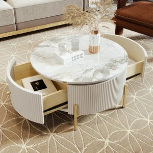31.5 in. White Round Exquisite Marble Pattern MDF Coffee Table with 2 Large - Picture 1 of 11
