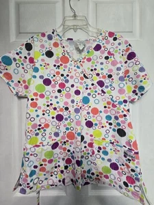 UA Scrubs Scrub Top Size M-White/Pastel Dots/Circles Mock Wrap-Chest 22"/L 26" - Picture 1 of 4