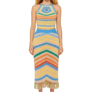 Mother Candy Stripe Cinch Tank Halter Top Fringe Midi Skirt Set size S NEW Tags - Picture 1 of 16