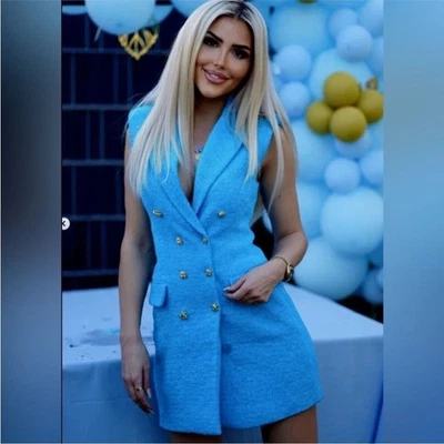 Zara синий твидовый жилет блейзер жилет мини-платье размер маленький блоггер любимый - Изображение 1 из 4
