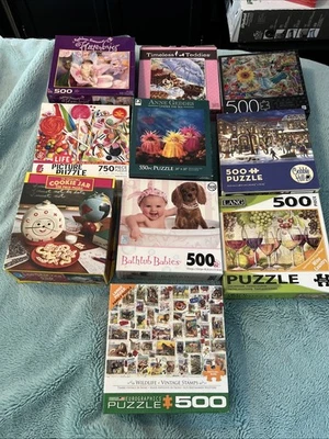 Lote de 10 coloridos divertidos rompecabezas de 500 piezas estampillas de vino dulces bebés completos Foto 1 de 4