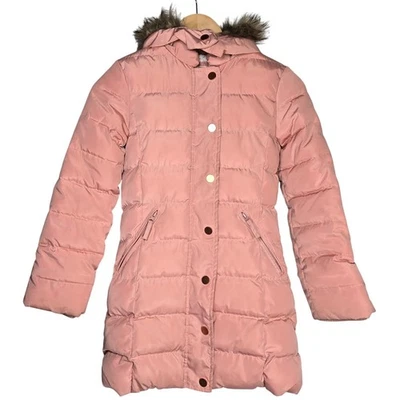 Girls Copper Key Pink Puffer Coat Faux Fur Hood Lined Winter Jacket Size 7 8 - Image 1 of 4