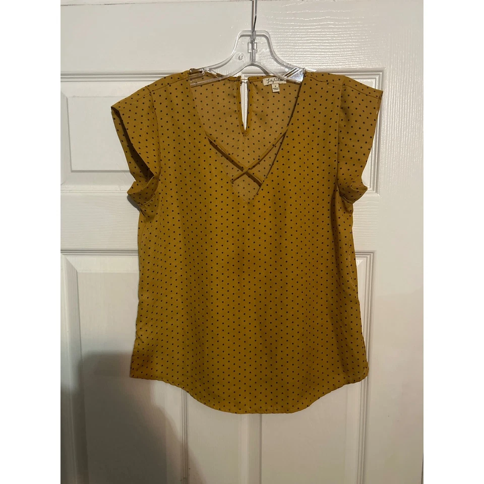 Lily White Polka Dot Blouse Women's Size Small Mustard Yellow Top Crossover - Image 1 of 4