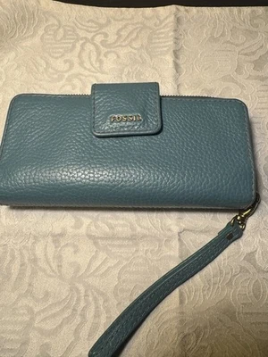FOSSIL Madison Bolso sin asas Muñequera Billetera Cuero Guijarro Azul Teal Verde Cremallera Alrededor Foto 1 de 4