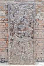 Wooden Carved Door Panel Dancing Ganesh on Lotus Wall Sculpture Barn Door