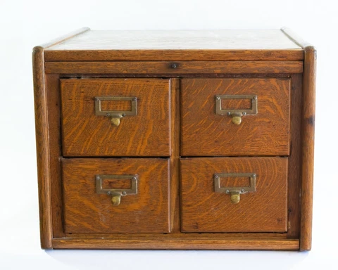 Antique Oak Wood Library File Card Cabinet  - 4 Drawer / Stackable W/Brass Pulls Cover