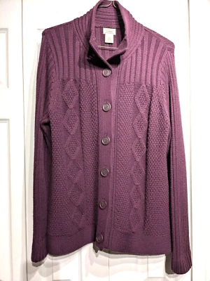 LL Bean Cardigan Womens XL Deep Purple Sweater Wool Blend Button Up Cable Knit - Image 1 of 4