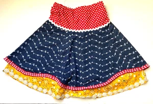 Girls layered skirt, handmade, size 5/6, red, denim, yellow, ribbon, elas. waist - Picture 1 of 4