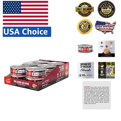 Comida húmeda para gatos adultos WholePrey: atún, salmón y carne de res en caldo de huesos rico en nutrientes Foto 1 de 4