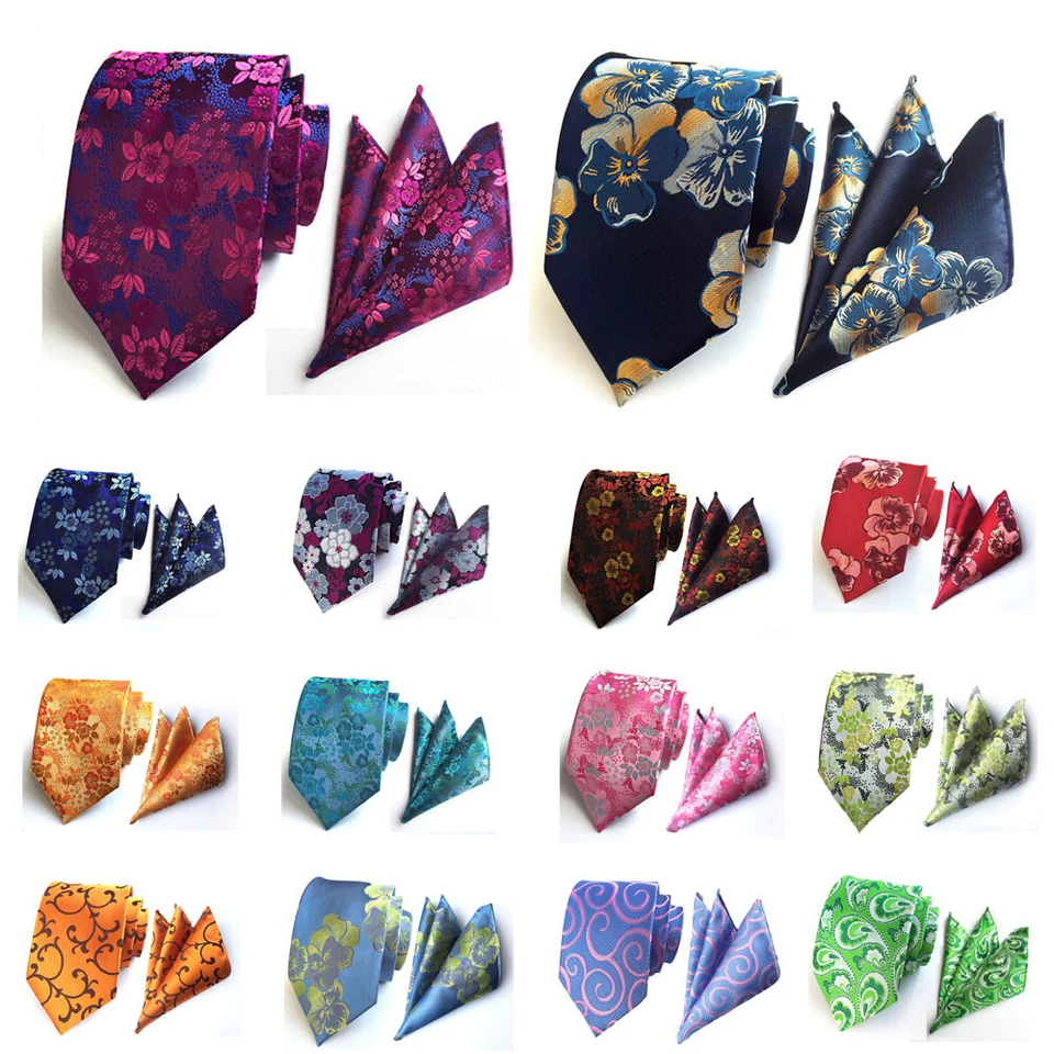 Mens Stylish Colorful Paisley Flower Wide Necktie Pocket Square Handkerchief Set - Image 1 of 1