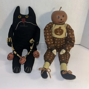 Primitive Grungy Handmade Folk Art Black Halloween Cat And Pumpkin Head Doll - Picture 1 of 9