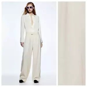 NWT Zara Women's Wide Leg Front Pleat High Waisted Trousers Cream Size S 4043/05 - Picture 1 of 14